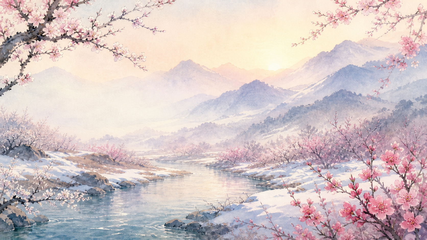 杏花桃花盛开、残雪未消的河谷水彩画